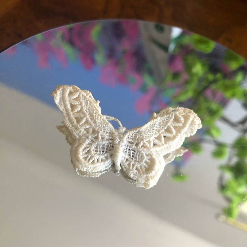 Vintage handmade crochet lace butterfly brooch pin